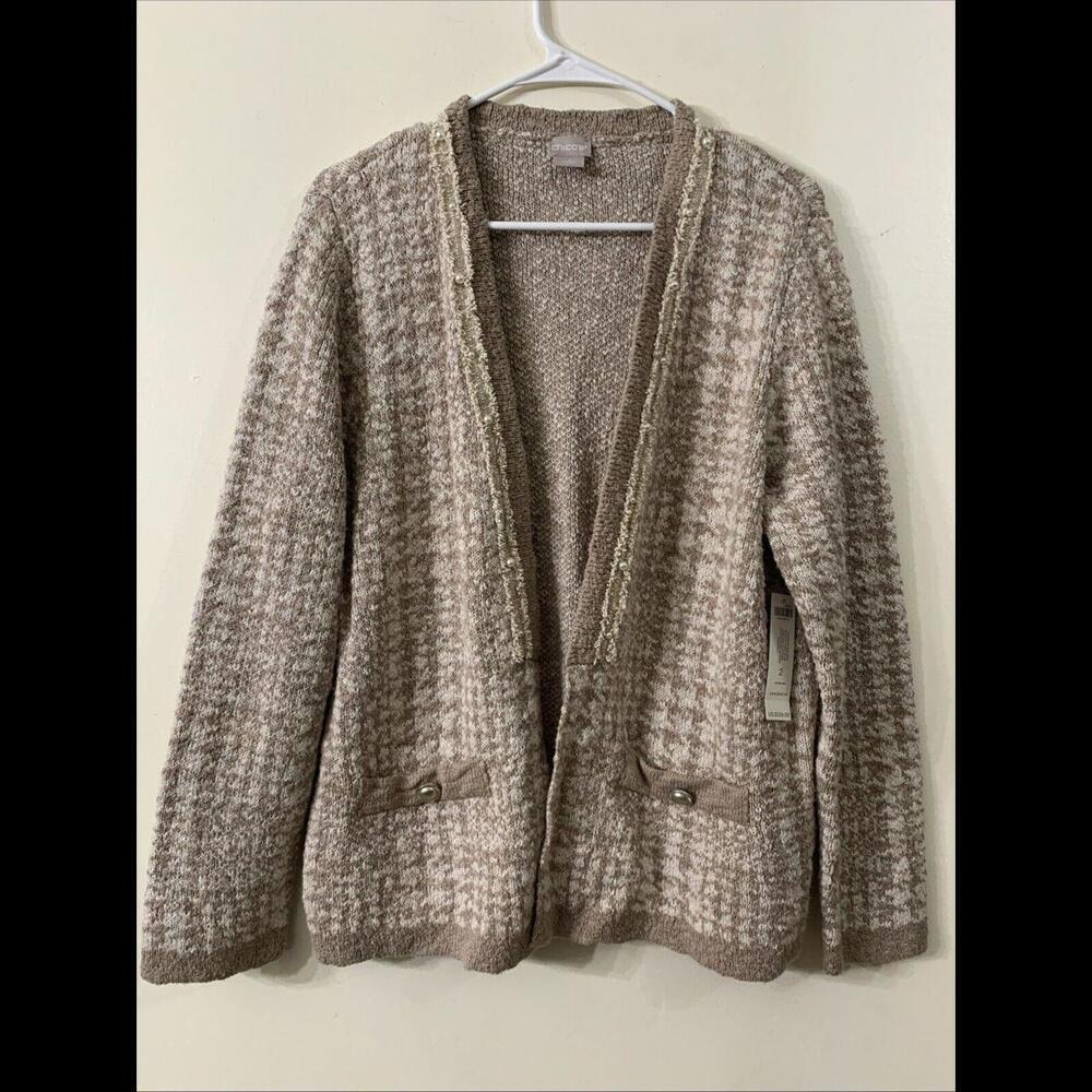 Womens Sz M Creme Open Front Crochet Long Sleeve Cardigan Pearls Cottage… - Picture 1 of 6